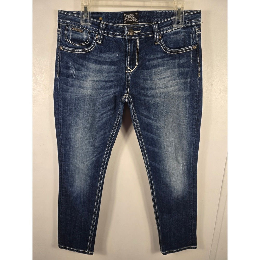 ReRock for Express Capri Jeans Women's Dark Wash Stretch Y2K Embroidered Pockets